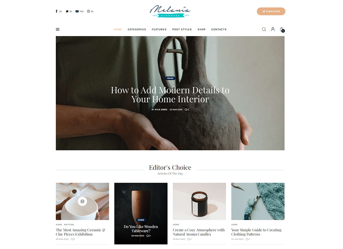 Melania | Handmade Blog & Crafts Shop Aristic WordPress Theme Website Template