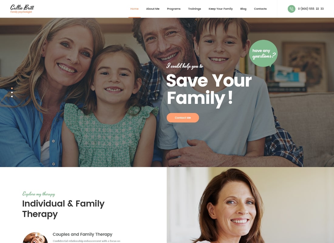 Callie Britt | Family Counselling Psychology WordPress Theme Website Template