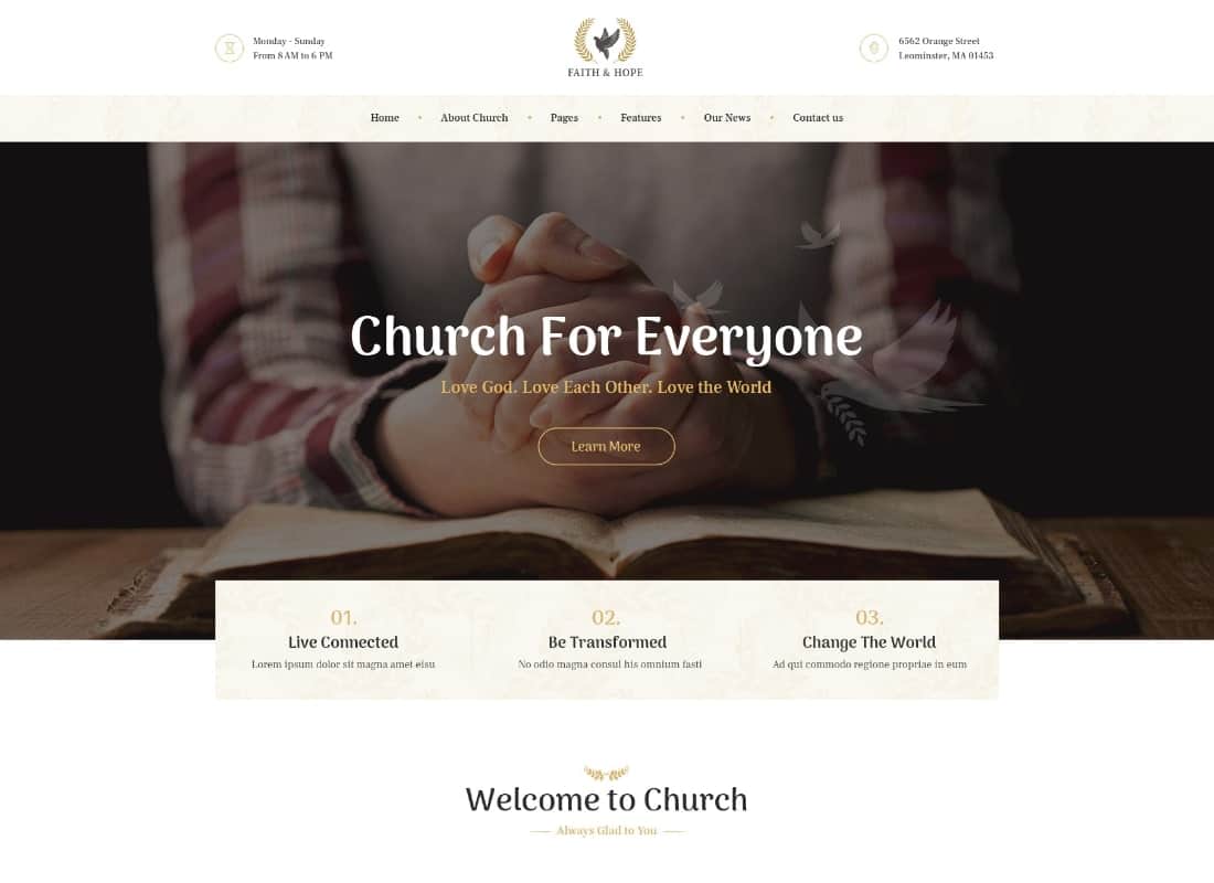 Faith & Hope | A Modern Church & Religion Non-Profit WordPress Theme Website Template