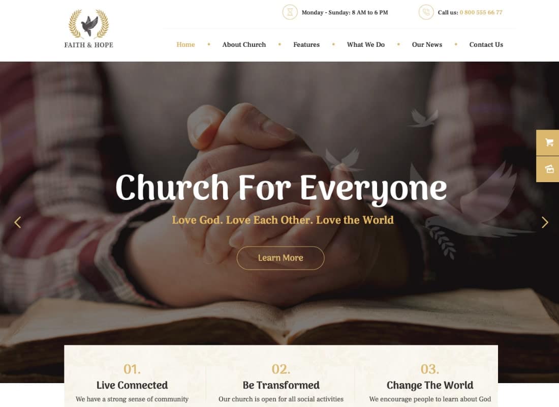 Faith & Hope | A Modern Church & Religion Non-Profit WordPress Theme Website Template