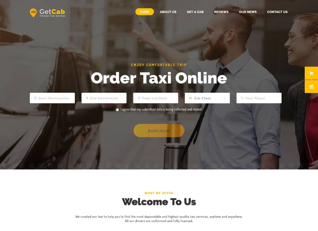 GetCab | Online Taxi Service WordPress Theme Website Template