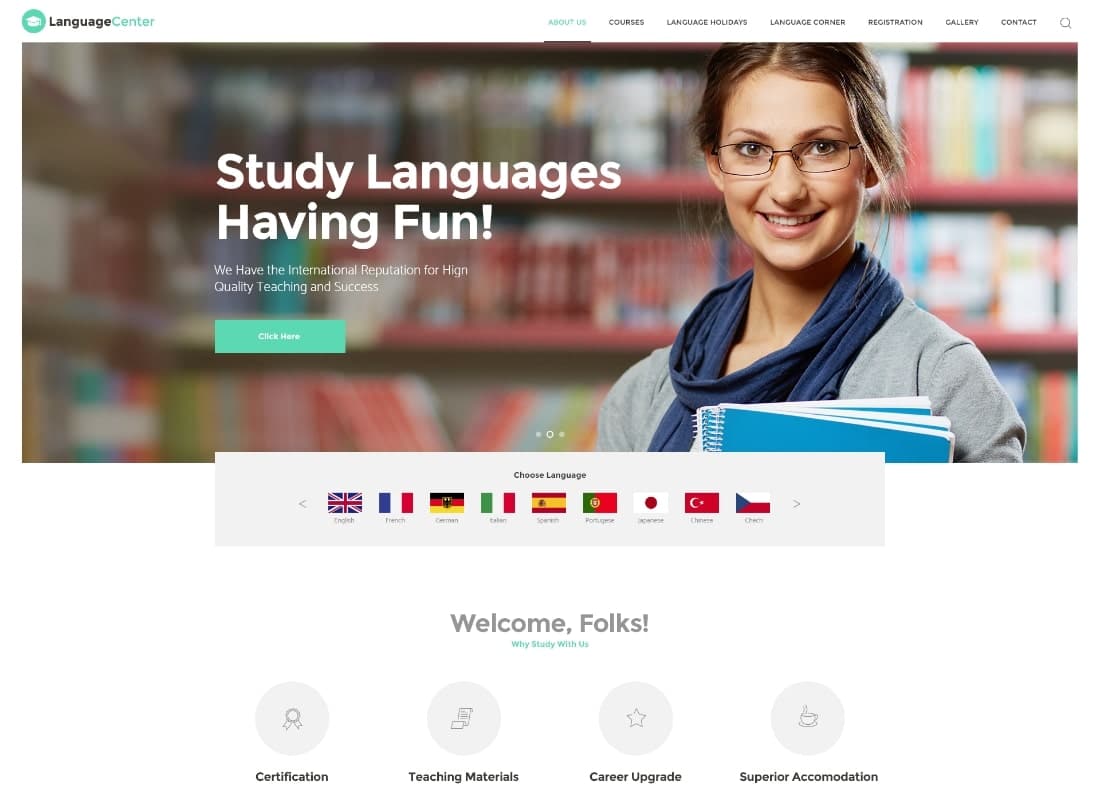 Language Center & Online School WordPress Theme Website Template