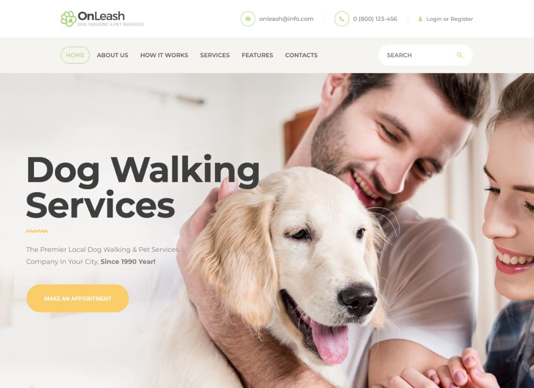 OnLeash | Dog Walking & Pet Services Veterinary WordPress Theme Website Template