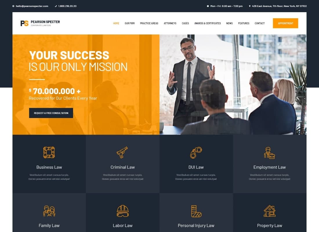 Pearson Specter | WordPress Theme for Lawyer & Attorney Website Template