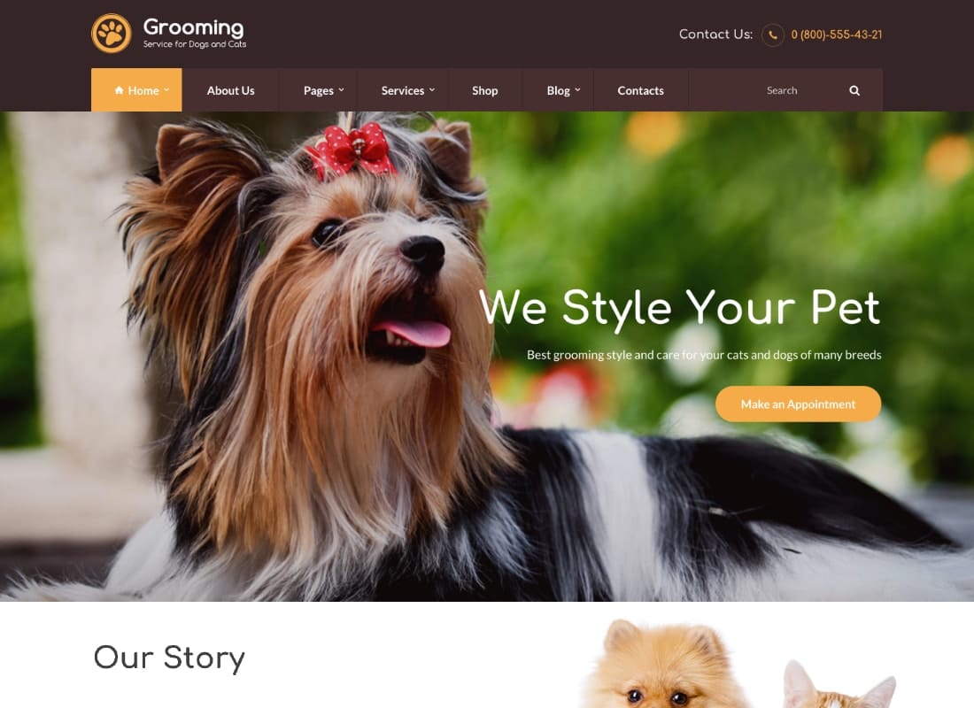 Grooming - Pet Shop & Veterinary Physician WordPress Theme Website Template