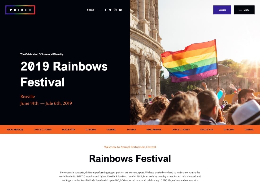 Prider | LGBT & Gay Rights Festival WordPress Theme + Bar Website Template