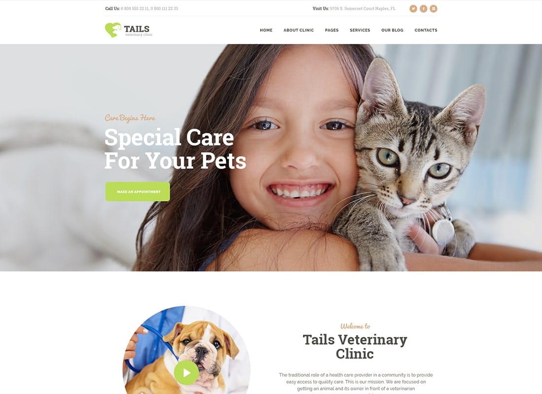 Tails | Veterinary Clinic, Pet Care & Shop WordPress Theme Website Template