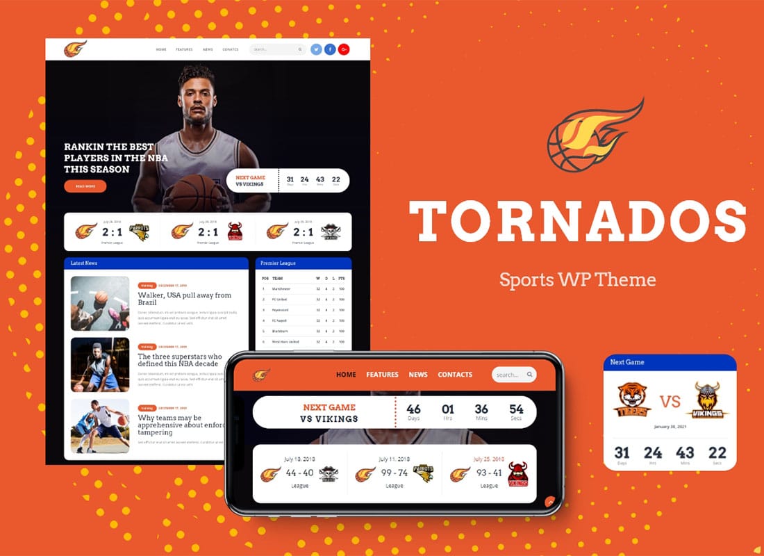 Tornados | Basketball NBA Team WordPress Theme Website Template