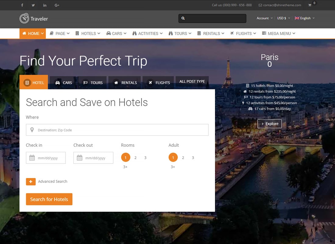 Traveler - Travel Booking WordPress Theme Website Template