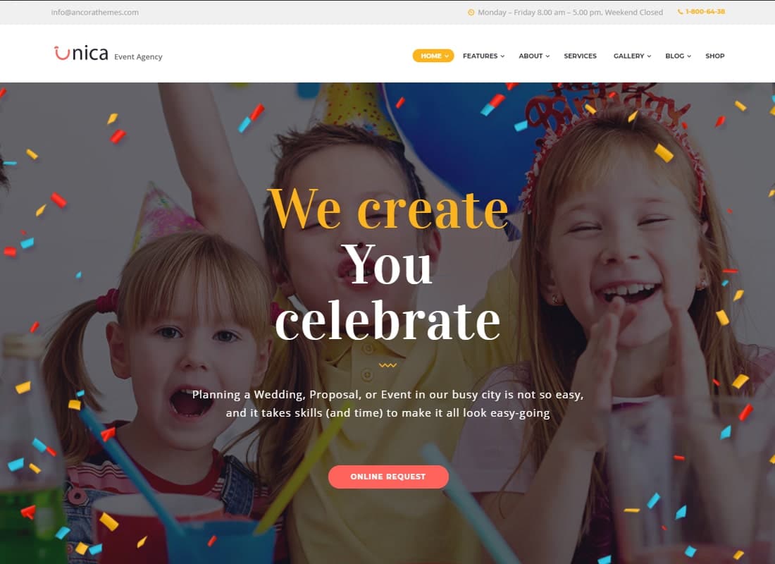 Unica - Event Planning Birthday & Wedding Agency WordPress Theme Website Template