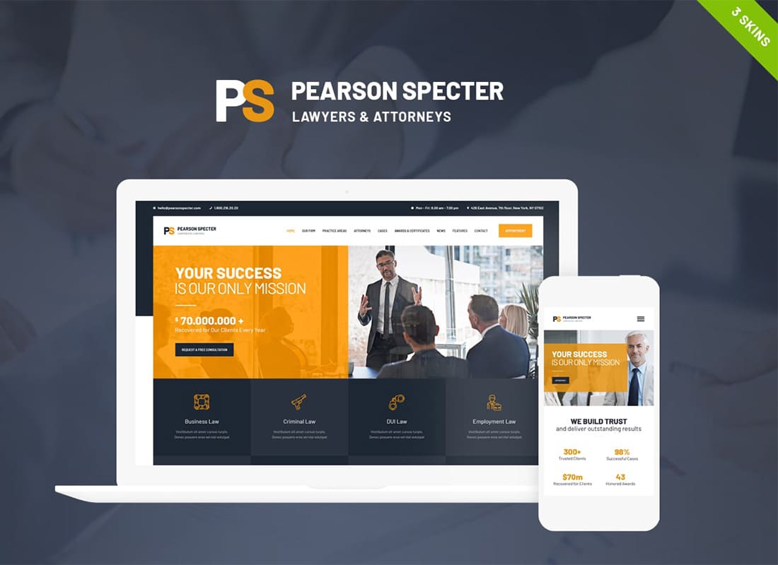 Pearson Specter | WordPress Theme for Lawyer & Attorney  Website Template