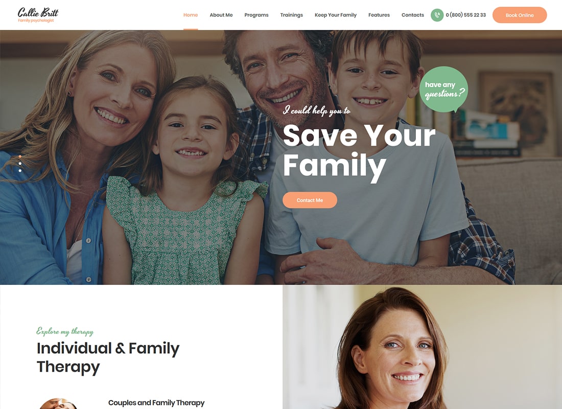 Callie Britt | Family Counselling Psychology WordPress Theme Website Template