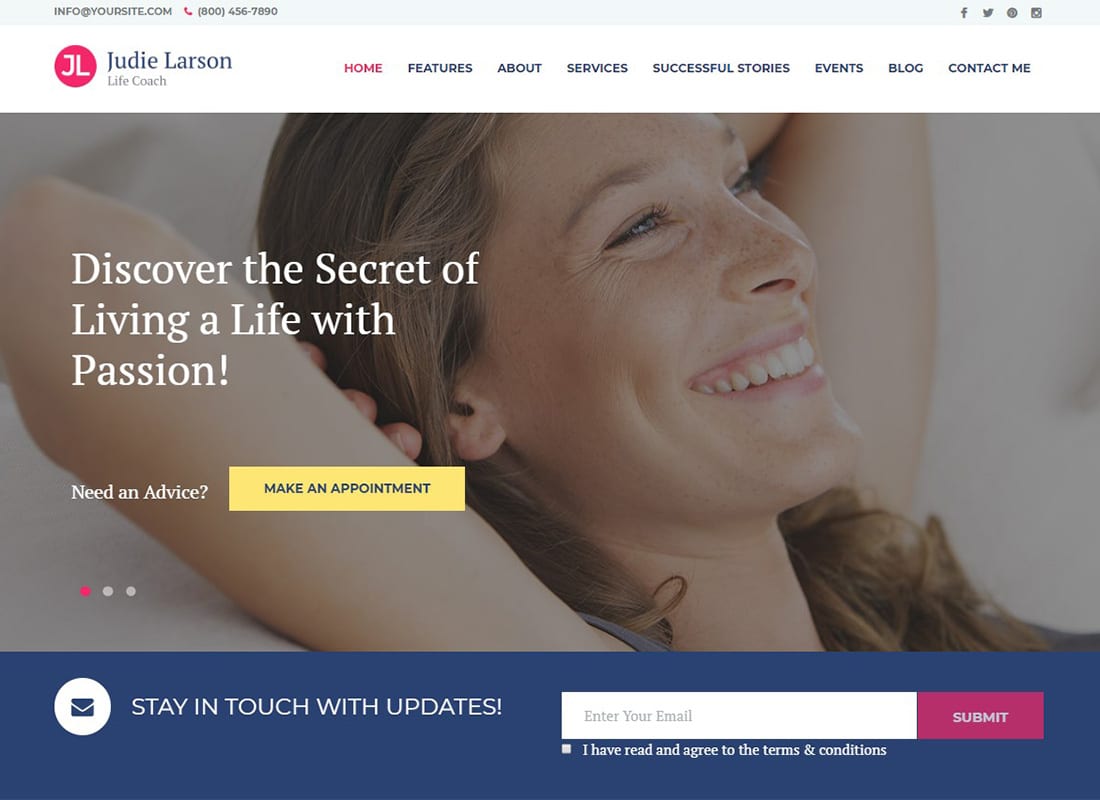Judie Larson | Life Coach and Psychologist Personal WordPress Theme Website Template