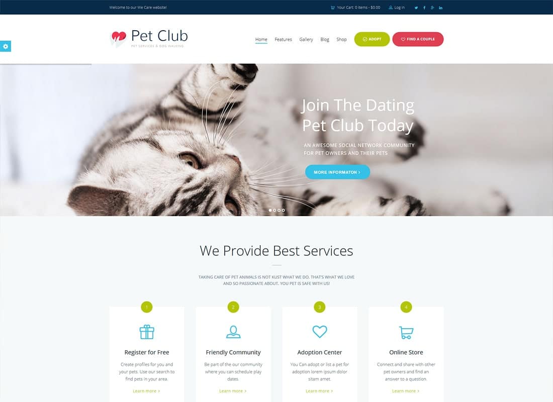 Pet Club - Services, Adoption, Dating & Community WordPress Theme Website Template